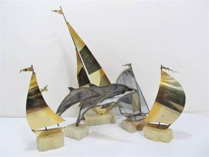lot 247 image: Lot of Signed Vintage Brass Sailboat Sculptures on Stone Bases