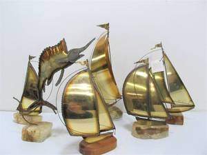 lot 248 image: Lot of Signed Vintage Brass Sailboat Sculptures on Stone Bases