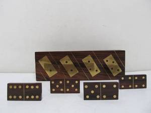 lot 295 image: Quality Brass Inlaid Wood Domino Set wBox