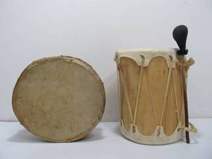 lot 300 image: 2 Genuine Animal Hide & Wood Drums