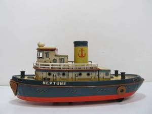 lot 332 image: Nice Larger Vintage 1960s Japanese Tin Litho NEPTUNE Steam Boat Toy