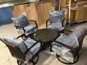 Whitfield Dark Brown 5-Piece Wicker Outdoor Patio Motion Conversation Set with CushionGuard Steel Blue Cushions by Hampton Bay (chairs have damage) review all pictures