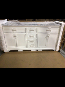 Windlowe 73 in. W x 22 in. D x 35 in. H Bath Vanity in White with Carrara Marble Vanity Top in White with White Sink by Home Decorators Collection (Has damage in the back) review all pictures
