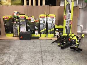Pallet of assorted Ryobi Lawn Care equipment items (such as string trimmers. chainsaws, Blowers) conditions unknown, review all pictures