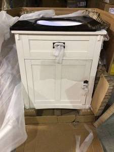Artisan 26 in. W Vanity in White with Marble Vanity Top in Natural Black with White Sink by Home Decorators Collection (has damage on the top) review all pictures
