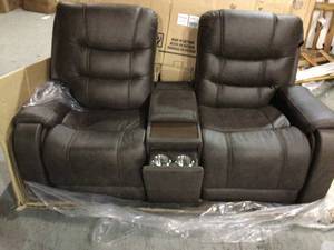 Ashley Yacolt Walnut Power Reclining Loveseat with Console & Adjustable Headrest see pictures