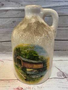 lot 6 image: Antique Stoneware Covered Bridge Jug 9 Tall