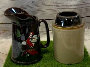 lot 24 image: Antique Stoneware Chicken Pitcher & Jar 7 Tall