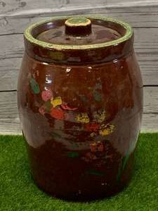 lot 35 image: Hand Painted Pottery Jar with Lid 9 Tall