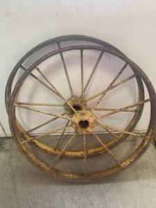 lot 50 image: Lot of Two Antique Heavy Wagon Wheels 24 Diameter