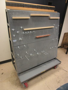 lot 712 image: LITTLE GIANT PEGBOARD TOOL CART W AIR HOSE CONNECTORS, BACK SHELVES