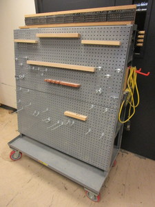 lot 713 image: LITTLE GIANT PEGBOARD TOOL CART W AIR HOSE CONNECTORS, POWER SOURCE, BACK SHELVES