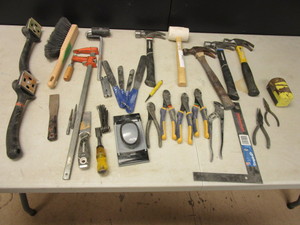 lot 790 image: ASSRTD. HAND TOOLS, HAMMERS, RUBBER MALLET, CLAMP,  VISE-GRIP SNIPS, 3M SANDING PAD, PLIERS, MORE