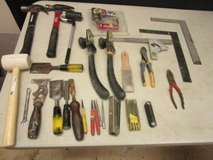 lot 800 image: ASSRTD. HAND TOOLS, CABINET SCRAPERS, ALLEN WRENCHES, CHISELS, 90-DEGREE DRILL ADAPTER, MORE