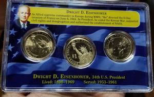 US PRESIDENTIAL DOLLAR 3 COIN SET WITH PROOF DWIGHT D EISENHOWER