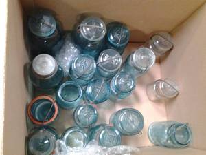 lot 19 image: Large box of blueish greenish Glass...