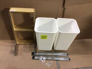 lot 37 image: Double 35 Qt. Pullout Top Mount Maple and White Container for 1-34 in. Face Frame Cabinet