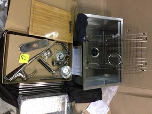 lot 61 image: Glacier Bay All-in-One Drop-In Stainless Steel 32 in. 4-Hole Single Bowl Kitchen Workstation Sink with Faucet and Accessories see pictures