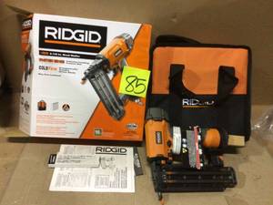 lot 85 image: Ridgid Pneumatic 18-Gauge 2-18 in. Brad Nailer with CLEAN DRIVE Technology, Tool Bag see pictures