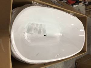 lot 105 image: Albi 67 in. Acrylic FlatBottom Double Ended Bathtub with Matte Black Overflow and Drain Included in White by WOODBRIDGE