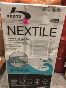 lot 112 image: Nextile 30 in. x 60 in. x 60 in. 4-Piece Direct-to-Stud Alcove Tub Surround in White by Bootz Industries (see all pictures)