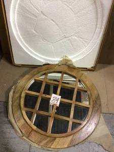 Medium Round Brown Windowpane Natural Wood Finish Classic Accent Mirror (28 in. Diameter)