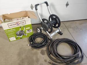 Garden Hose Reel and 2 Garden Hoses