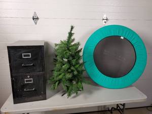 Exercise Trampoline, File Cabinet, Small Christmas Tree