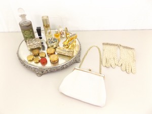 Vintage Mirrored Dresser Tray with Vintage Rouge, Perfume, Purse, etc.