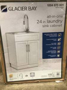 All-in-One 24.125 in. x 21.375 in. x 35 in. Stainless Steel Laundry Sink with Faucet and Storage Cabinet (see all pictures) open box