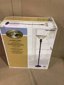 lot 37 image: 72.75 in. Bronze Floor Lamp with White Alabaster Shade by Hampton Bay