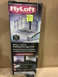 lot 98 image: White Adjustable Metal Overhead Garage Storage Rack (45 in W x 45 in D) by HyLoft