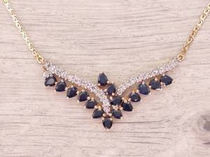 lot 18 image: T&ampC Signed Natural Blue Sapphire and Diamond V Design Necklace in 14k Gold