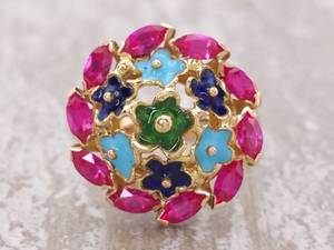 lot 35 image: Amazing Floral Ruby and Multi-Color Enamel Round Ring in 18k Gold