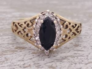 lot 46 image: Antique Styled Natural Blue Sapphire and Diamond Ring With 14k Gold Scroll Band