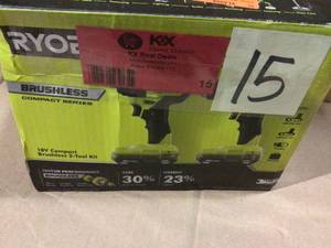 lot 15 image: ONE HP 18V Brushless Cordless Compact 12 in. Drill and Impact Driver Kit with (2) 1.5 Ah Batteries, Charger and Bag by RYOBI &nbspCustomer Returns See Pictures