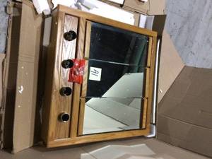 lot 41 image: Richland 30 in. W x 30 in. H x 5 in. D Framed 4-Light Tri-View Surface-Mount Bathroom Medicine Cabinet in Nutmeg Oak &nbspCustomer Returns See Pictures