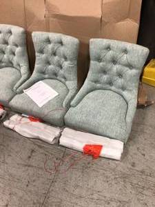 lot 103 image: Bakerford Walnut Finish Upholstered Dining Chair with Back and Aloe Green Seat (Set of 2) (21.85 in. W x 36.22 in. H) by StyleWell (good condition)see pictures