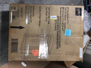 lot 107 image: Merryfield 24 in. W x 32 in. H Framed Surface-Mount Bathroom Medicine Cabinet in White by Home Decorators Collection (good condition) review pictures