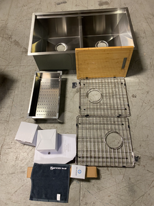lot 111 image: All-in-One Undermount Stainless Steel 33 in. 5050 Double Bowl Kitchen Workstation Sink with Accessory Kit by Glacier Bay