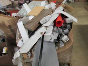 lot 73 image: Pallet of shelving curtain rods, sh...