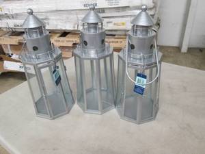 lot 192 image: 3 metal and glass lanterns ...