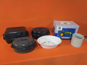 lot 123 image: John Deer Cookie Jar, Vintage Enamel Wash Basin & Broilers