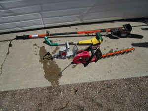 lot 92 image: Electric Pole Saw, Weed Trimmer & (2) Hedge Trimmers