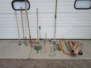 lot 96 image: Garden Tools, Sawhorse Legs & Misc.