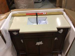 lot 30 image: Teagen 42 in. W Bath Vanity in Dark Espresso with Cultured Stone Vanity Top in Beige with White Basin by Home Decorators Collection (see pictures)