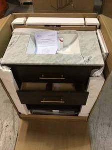 lot 31 image: Windwood 30 in. W x 22 in. D Bath Vanity in Brown Oak with Natural Marble Vanity Top in Carrara White with White Basin (top is broken) review pictures