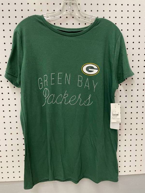 lot 10 image: NFL Green Bay Packers Womens Sewn Script Short Sleeved Shirt Size M