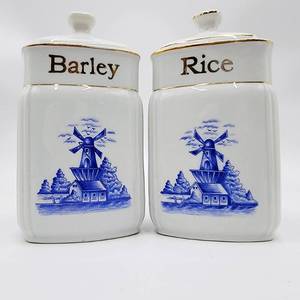 lot 10 image: Vintage German Porcelain Gold Trimmed White Canisters Labeled Barley & Rice