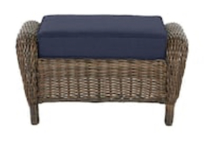 lot 27 image: HAMPTON BAY Cambridge Brown Wicker Outdoor Patio Ottoman with CushionGuard Midnight Navy Blue Cushions